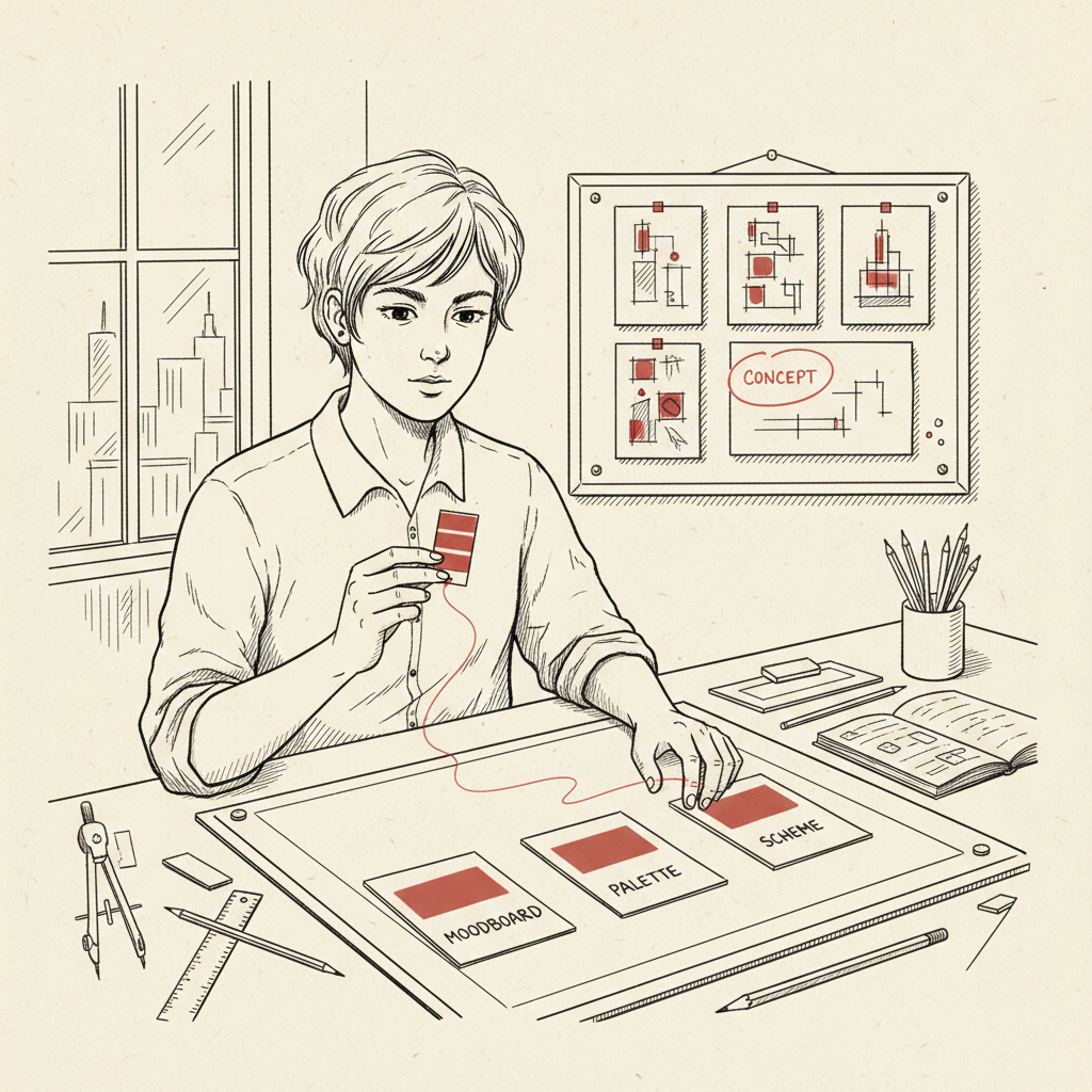 Pen-and-ink sketch of a designer at a drafting table holding a color swatch, threads connecting it to color cards and wall studies