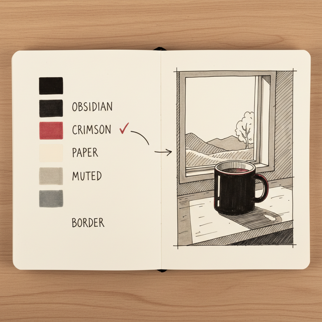 Pen-and-ink sketch of two open sketchbook pages: the left shows five labeled color swatches (OBSIDIAN, CRIMSON, PAPER, MUTED, BORDER), the right shows a small scene drawn using only those colors